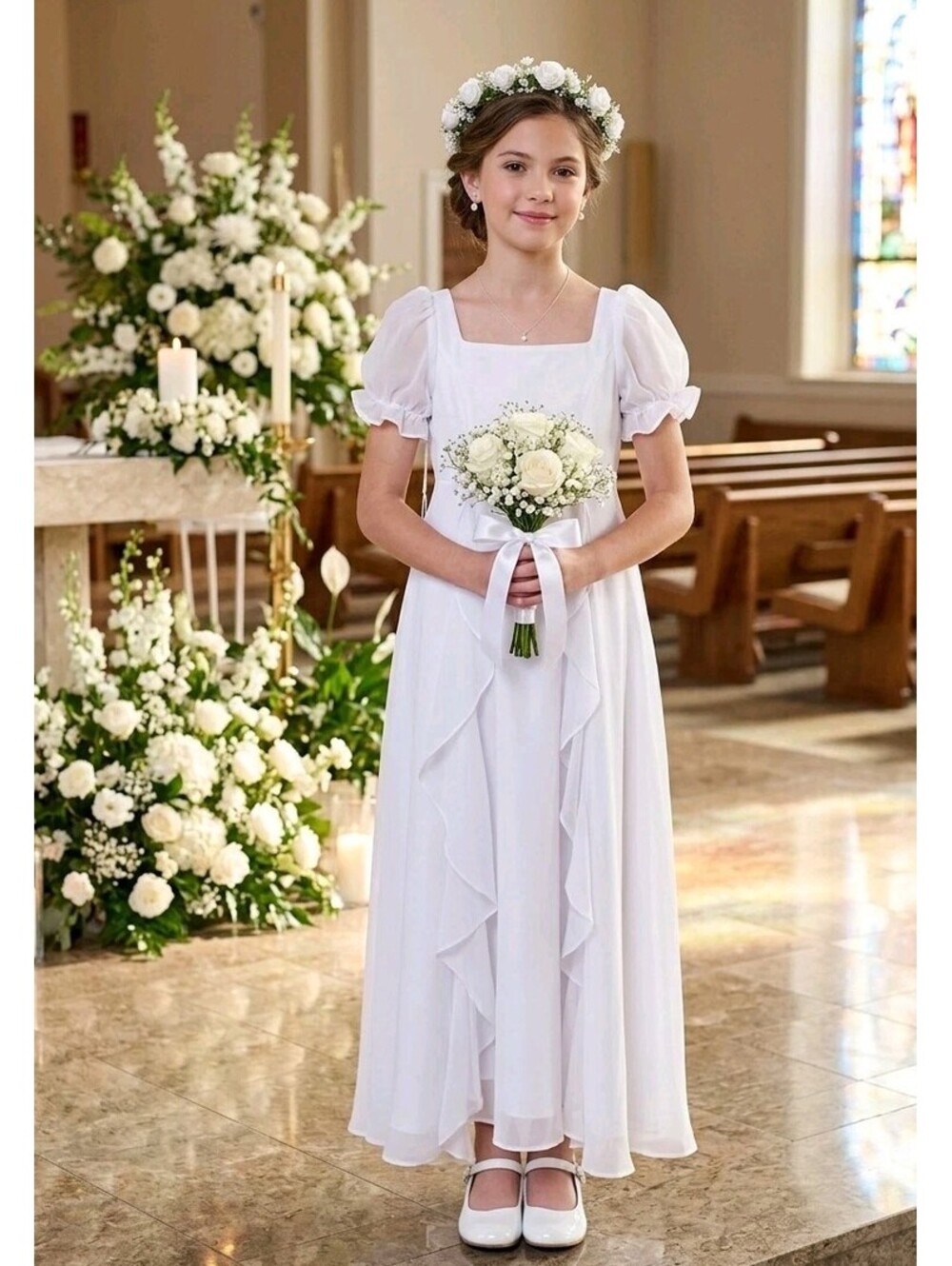 White Flower Girl Dress Chiffon Ruffle Communion Wedding Party Junior Size...